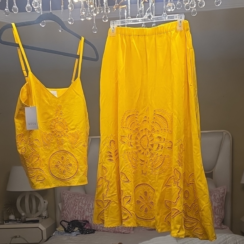 Misa Los Angeles Yellow Embroidered Two-Piece Skirt Set Size M